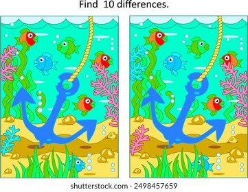 Juego de diferencia con ancla y escena submarina de la vida marina. Encuentra 10 diferencias de rompecabezas de imagen.
