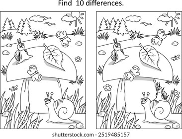 Difference game with big yummy mushroom and mom and kids snails
