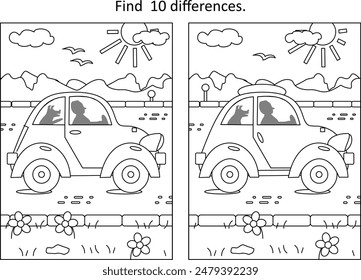 Difference game and coloring page with a man and his dog driving in a car along the road in a hot sunny summer day
