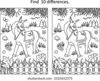 Jogo de diferença com burro ou burro. Spot 10 diferenças imagem quebra-cabeça e colorir página atividade .
