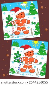 Difference game with happy gingerbread man holding candy cane, wearing santa cap, walking in outdoor scene. Find 7 differences picture puzzle.
