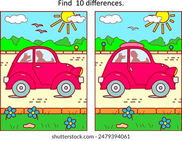 Juego de diferencia con un hombre y su perro conduciendo en un lindo coche rojo a lo largo de la carretera en un caluroso y soleado día de verano
