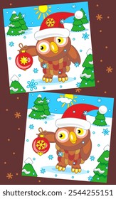 Difference game with owl holding beautiful ornament and wearing holiday cap. Find 7 differences picture puzzle.
