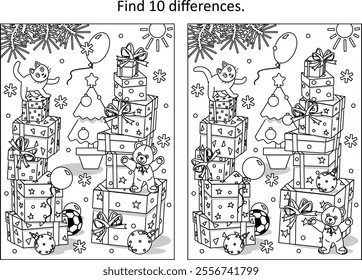 Difference game with plenty of presents, cat and teddy bear. Christmas, New Year, winter holidays. Coloring page.
