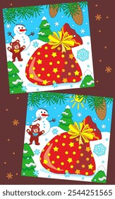 Difference game with sack full of presents, teddy bear and snowman. Find 7 differences picture puzzle.
