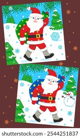 Difference game with Santa delivering sack full of presents. Find 7 differences picture puzzle.
