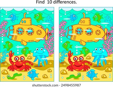 Difference game with submarine in underwater scene of sea life. Find 10 differences picture puzzle.
