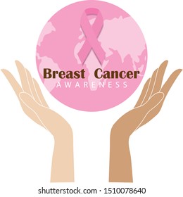 Difference hands prop up the world for breast cancer day, awareness, October, campaign, concept, Ethnic diversity, pink  ribbon, bow, support, power, global, cartoon, vector