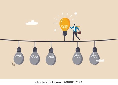 Difference idea innovation, discover opportunity to success, creativity or passion to improve career, wisdom or smart discovery concept, businessman discover bright lightbulb from difference others.