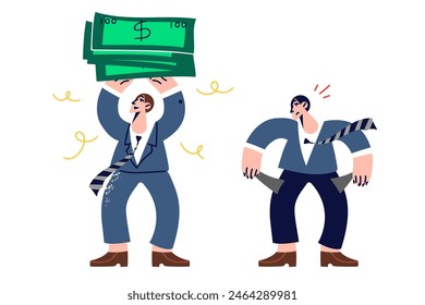 Difference in incomes of two corporate employees holding lot of money in hands or showing empty pockets. Concept of class inequality caused by inaccessibility of education for people with low incomes