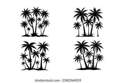Difference of palm tree black bundle set isolated on white, white background
