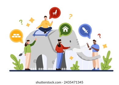 Difference of perception and points of view, metaphor, parable story. Tiny blindfolded people touching elephant in dark room with diverse experience and wrong judgment cartoon vector illustration svg