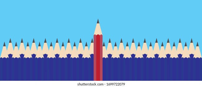 Der Unterschied zu einer Führungsrolle im Geschäftsleben. roter Stift auf blauem Stift auf hellblauem Hintergrund.