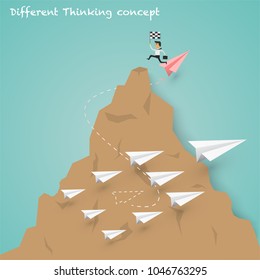 Difference thinking is make more experience and successful concept. Design with paper art plane and obstacle mountain.