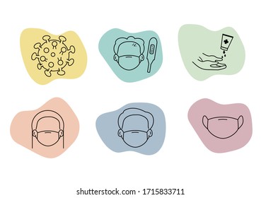 difference vector icons about virus and protection. face mask icon, male and female wear face mask, high fever icon.