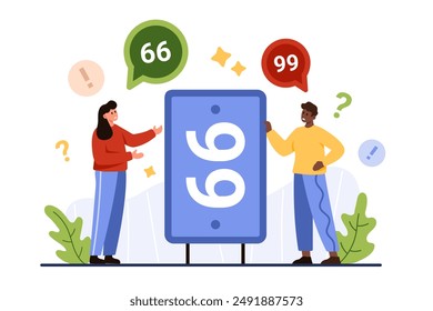 Differences in interpretation of ambiguous facts, different perspectives on experience and attention bias. Tiny man and woman argue about whether they see 66 or 99 number cartoon vector illustration