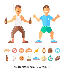 Differences Lifestyle Of Good And Bad Guy. Flat Vector Illustration And Icons.