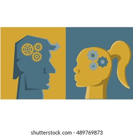 and differences in the minds of thinking men and women. Gender differences. Two faces in profile and the male logical thinking and creative woman. Vector Illustration