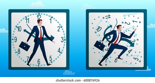 Differences in perception of time at people, monochronic and polychronics. The first highly structured and time-focused. The second are multitasking and creativity. Concept. Vector flat illustration.