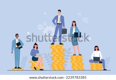 Differences in wages. Men and women with portfolios at different levels of money. Social inequality, income. Comparison and sociology. Poster or banner for website. Cartoon flat vector illustration