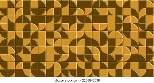 Different 3d mixed geometric smooth shapes randomly mosaic pattern brown and yellow background, combination tiles forms, wallpaper print mockup.