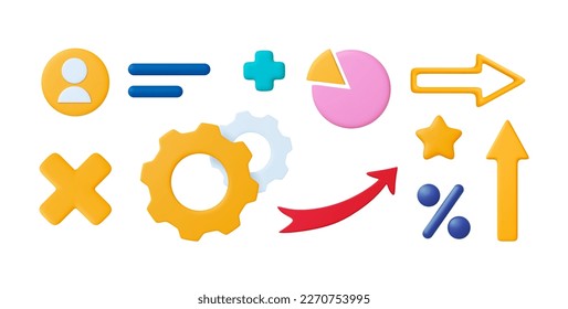 Different 3d office business elements. Arrows, personal account avatar, yellow plasticine star and chart pie. Infographics vector collection