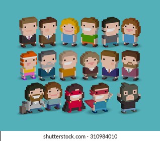 Different 3d Pixel Art 8-bit People Characters