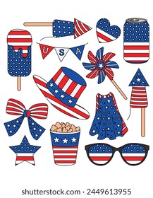 Different 4th Of July Elements Like Star Fireworks Beer Popsicle Hat Sunglasses Ribbon Hat And Popcorn