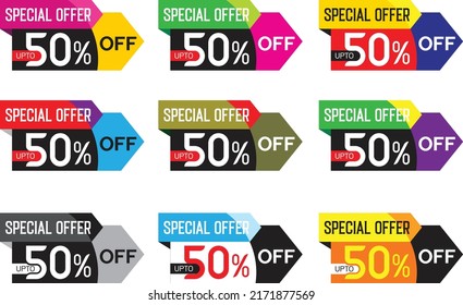 Different 9 color special price offer tag. up to 50% off. business concept. vector illustrations
