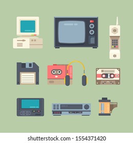 Different 90s gadgets flat vector illustrations set. Retro technics isolated cliparts color pack on green background. Tv, computer, cellular telephone. Vintage electronics design elements collection