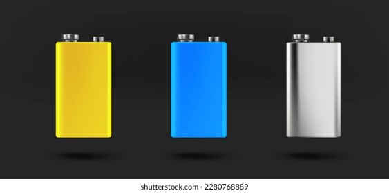 Different 9v batteries icons collection. 3d vector isolated on black background