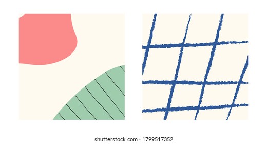 Different abstract backgrounds. Hand drawn various shapes and doodle objects. Contemporary modern trendy vector illustrations. Visual design for your social networks, personal blog, shop.