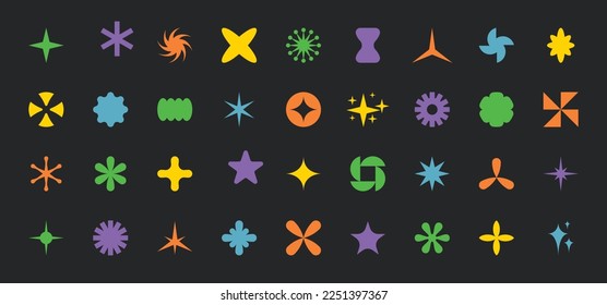 Different abstract brutalism star shapes and design elements. Minimalist geometric figures. Colorful twinkle stars, starburst and different brutalist shapes. Modern trendy icons and symbols. Vector.