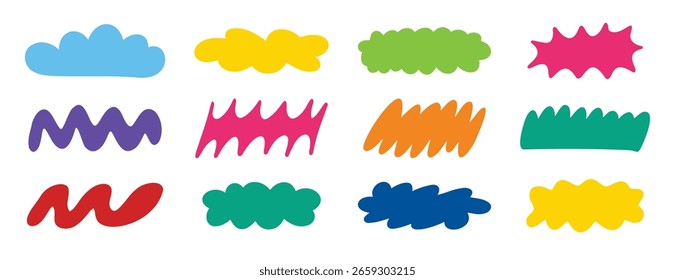 Diferentes Formas abstractas de nubes de colores. Formas de diseño plano de doodle dibujado a mano. Ilustración vectorial