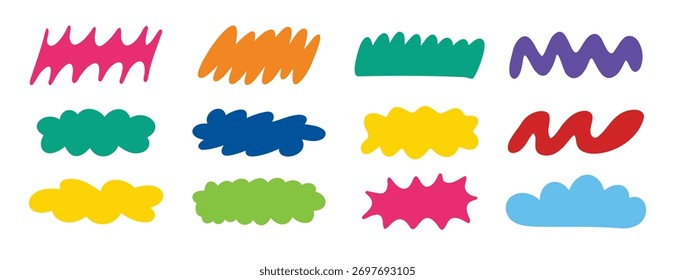Diferentes Formas abstractas de nubes de colores. Formas de diseño plano de doodle dibujado a mano. Ilustración vectorial