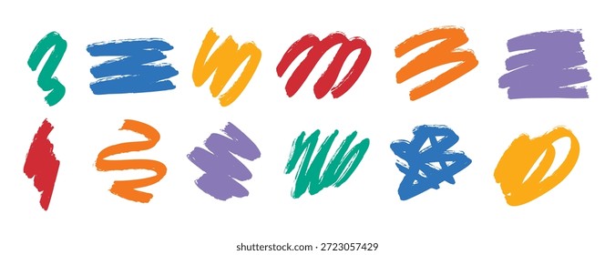 Conjunto de diferentes líneas abstractas de doodle. Trazos y trazos coloridos y audaces. Dibujado a mano ilustración de moda moderna. Dibujo plano de dibujos animados. Ilustración vectorial