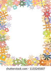 Different abstract flower designs assembled into decorative frame design, with overlapping details in color