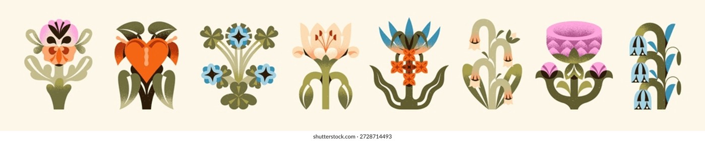 Conjunto de flores abstratas diferentes. Flores selvagens em estilos simétricos e irregulares. Plantas de prado florescentes com folhas estranhas. Decoração floral moderna. Ilustrações vetoriais isoladas planas no branco