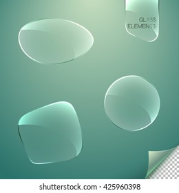 Different abstract glass elements with reflections on a blurred background. Transparent glass banners with rounded corners. Vector illustration