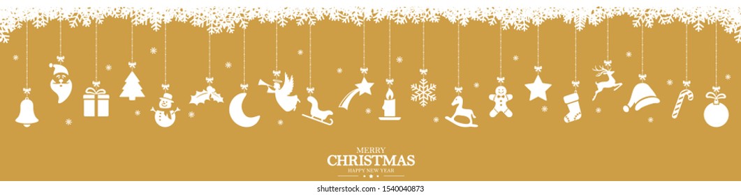 different abstract hanging icons colored white for christmas and winter time concepts, snow flakes on top side and Christmas and New Year greetings
