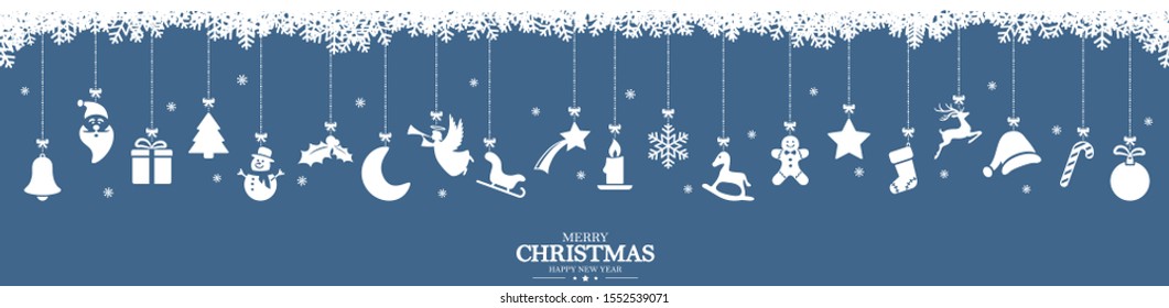 different abstract hanging icons colored white for christmas and winter time concepts, snow flakes on top side and Christmas and New Year greetings
