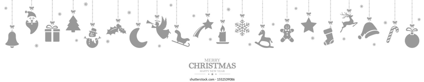 different abstract hanging icons colored silver for christmas and winter time concepts with Christmas and New Year greetings