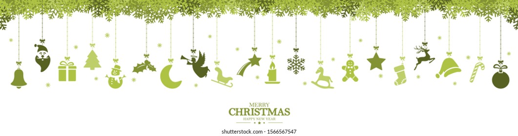 different abstract hanging icons colored green for christmas and winter time concepts, snow flakes on top side and Christmas and New Year greetings
