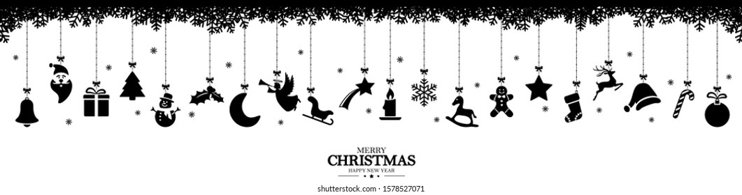 different abstract hanging icons colored black for christmas and winter time concepts, snow flakes on top side and Christmas and New Year greetings
