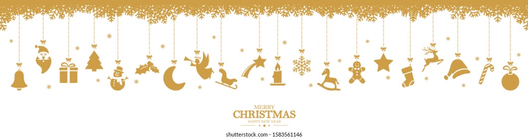 different abstract hanging icons colored gold for christmas and winter time concepts, snow flakes on top side and Christmas and New Year greetings
