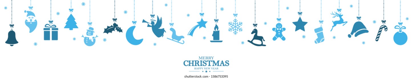 different abstract hanging icons colored blue for christmas and winter time concepts with Christmas and New Year greetings
