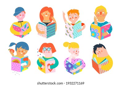 Different abstract people reading books happy smiling. Colorful pop art men and women characters cartoon hand drawn in paper cut modern style. Vector contemporary design.