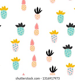 Different abstract pineapples. Creative trendy seamless pattern with pineapples. Hand drawn vector illustration in pastel colors - blue,pink, yellow