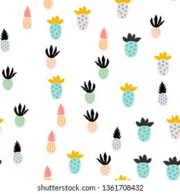 Different abstract pineapples. Creative trendy seamless pattern with pineapples. Hand drawn vector illustration in pastel colors - blue,pink, yellow