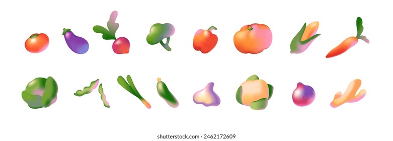 Diferentes verduras abstractas de conjunto de estilo gradiente. Alimentos naturales saludables de la granja. Calabaza coloreada, pepino, verduras, zanahoria, col, brócoli. Ilustraciones vectoriales aisladas planas sobre fondo blanco